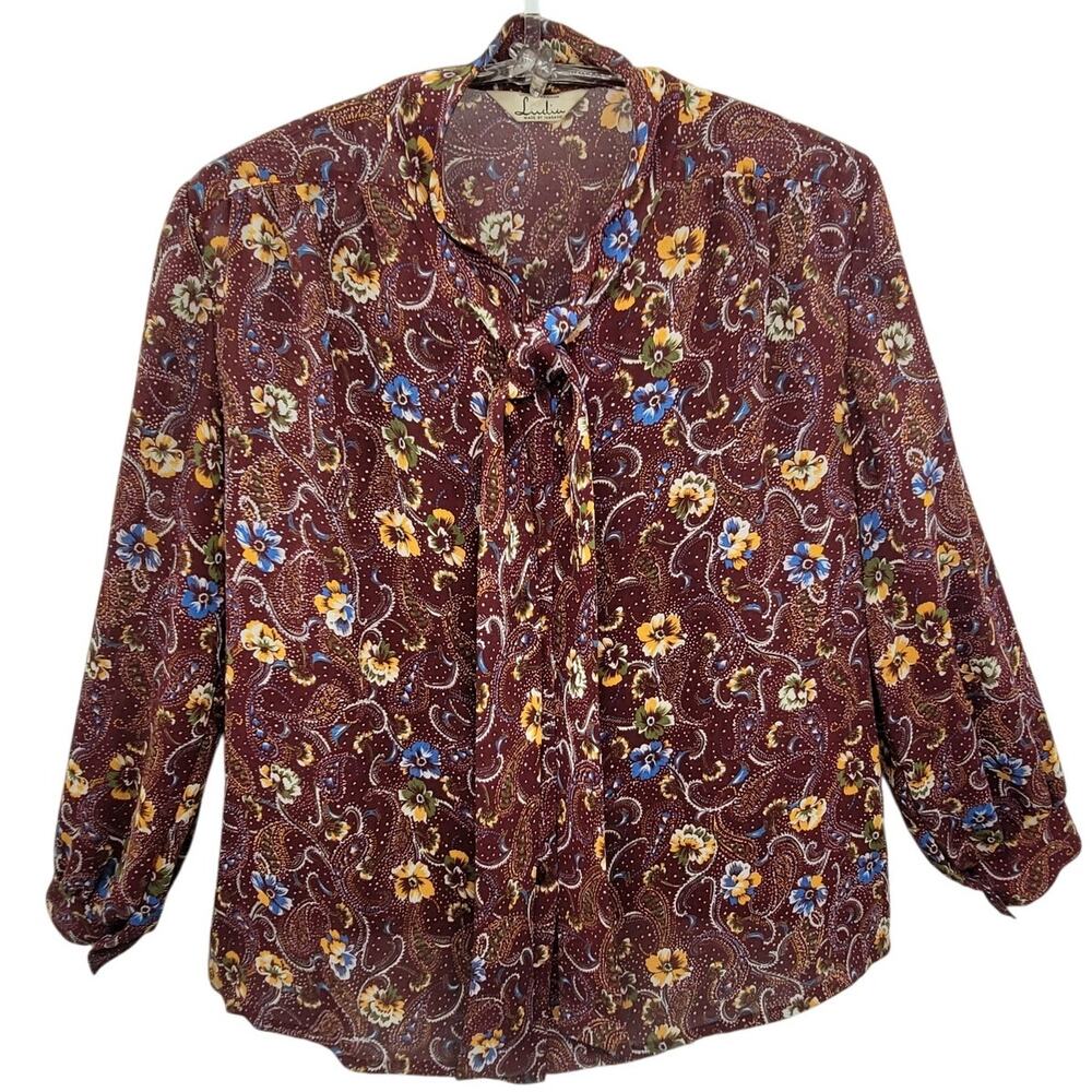 Vintage 70s Paisley High Bow Neck Sheer Long Sleeve Button Up Blouse size‎ large
